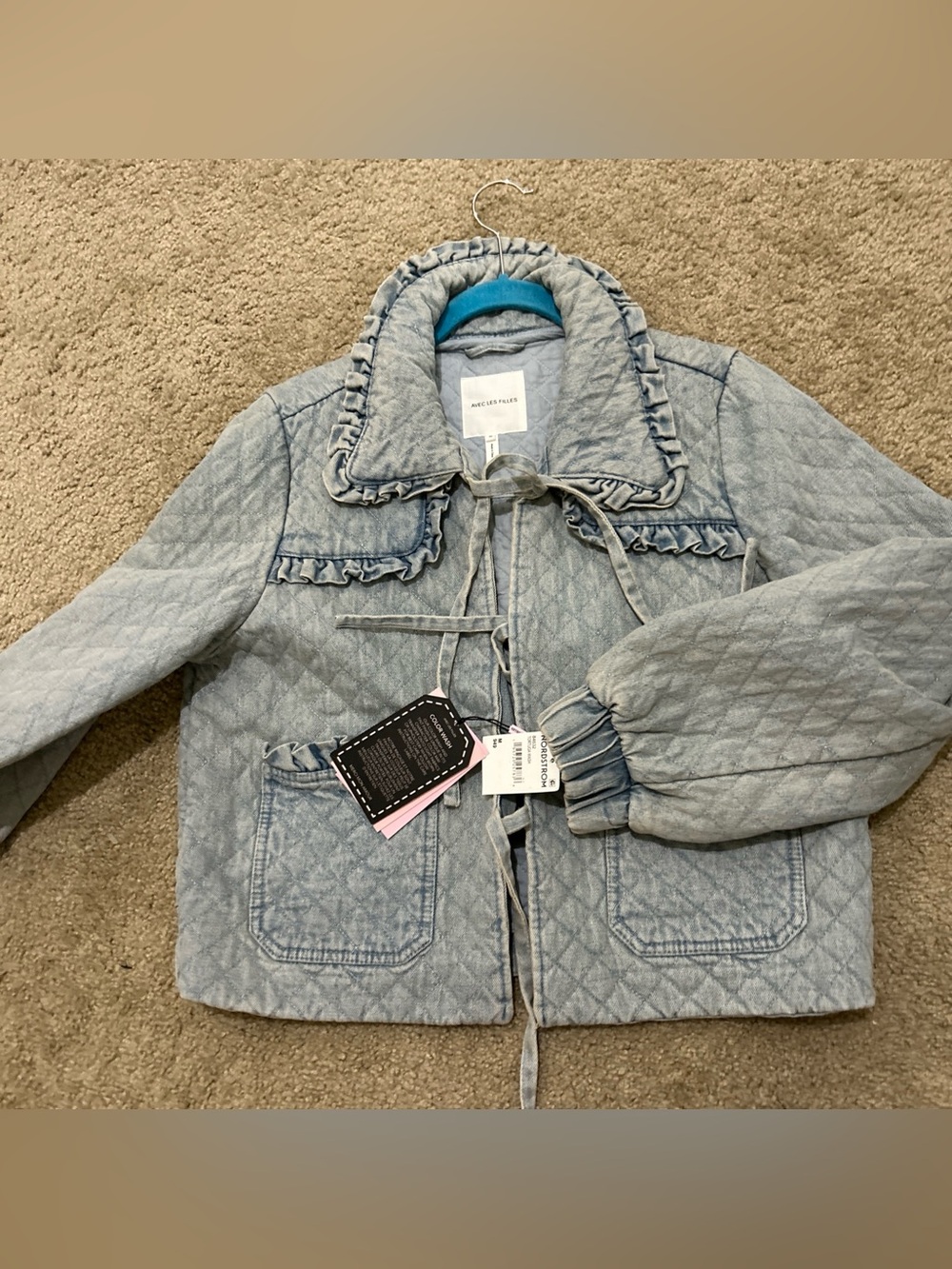 Avec Les Filles Denim Quilted Jacket Maura Bow Tie Preppy Boho Medium NWT - Picture 10 of 12